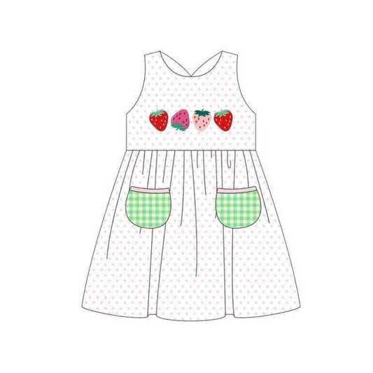 Baby Girls Sleeveless Strawberry Polka Dots Pockets Knee Length Dresses Preorder