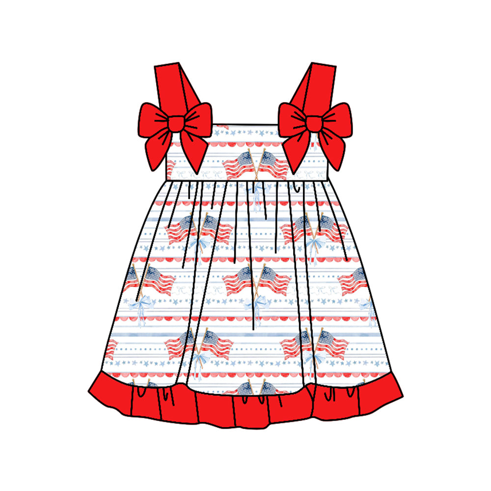 Baby Girls Bows Strap Flags Stripe 4th of July Ruffle Knee Length Dresses Preorder