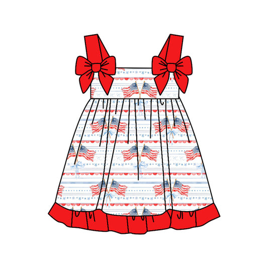 Baby Girls Bows Strap Flags Stripe 4th of July Ruffle Knee Length Dresses Preorder