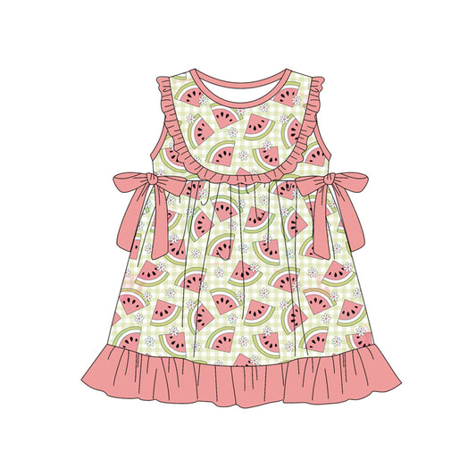 Baby Girls Green Checked Flowers Watermelons Ruffle Knee Length Dresses Preorder