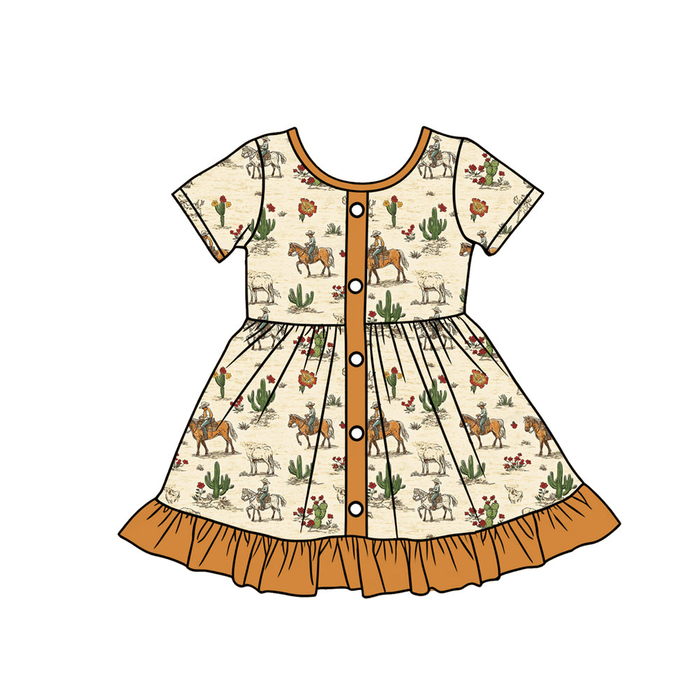 Baby Girls Cactus Horse Rodeos Button Western Ruffle Knee Length Dresses Preorder