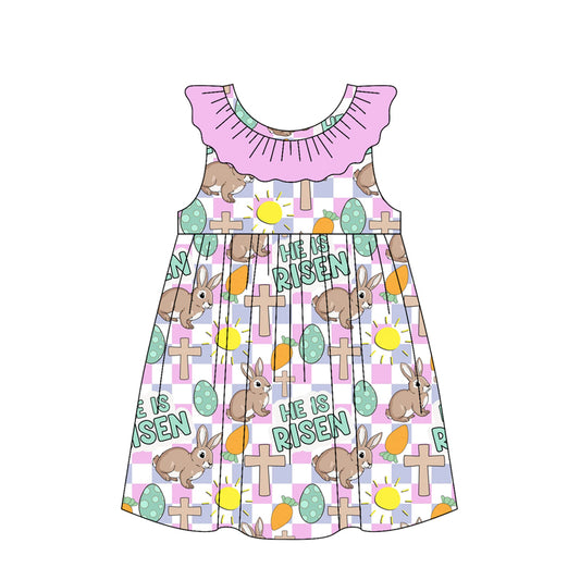Baby Girls Pink Checked Cross Rabbits Easter Knee Length Dresses Preorder