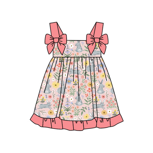 Baby Girls Bows Strap Flowers Rabbits Easter Ruffle Knee Length Dresses Preorder