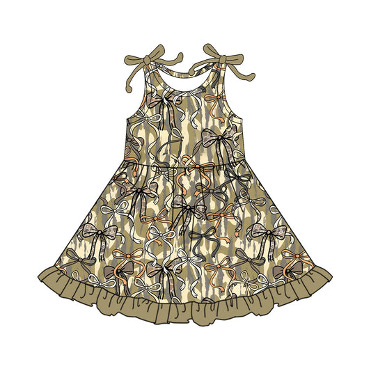 Baby Girls Southern Olive Camo Bows Ruffle Knee Length Dresses Preorder