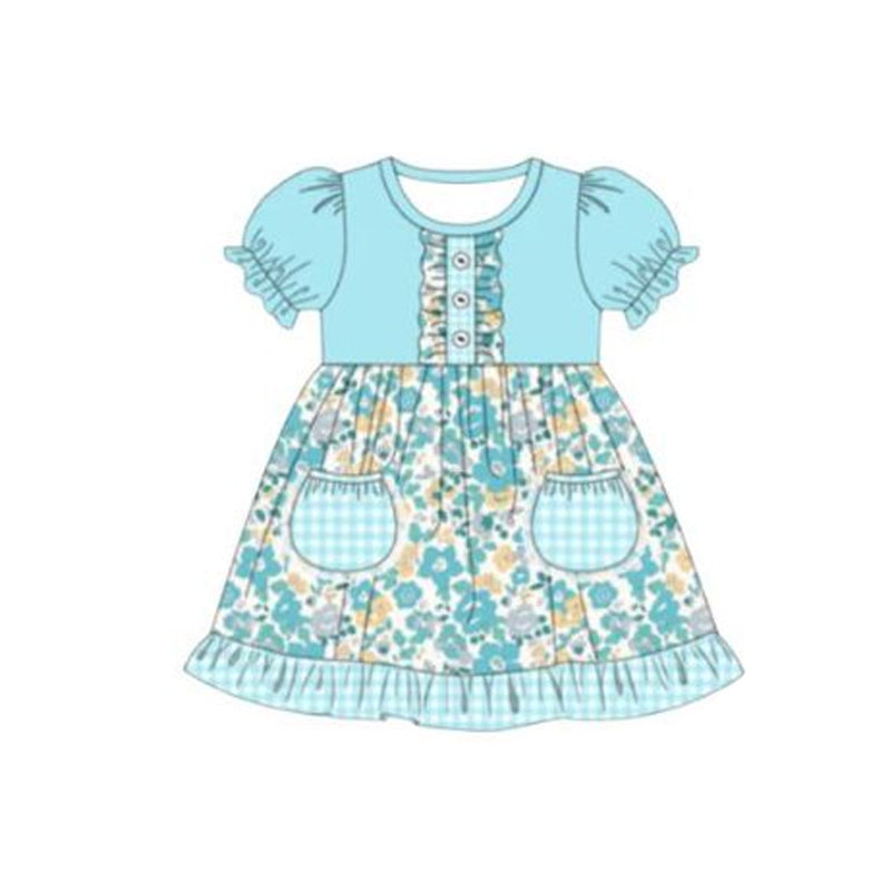 Baby Girls Blue Checked Pockets Button Flowers Ruffle Knee Length Dresses Preorder