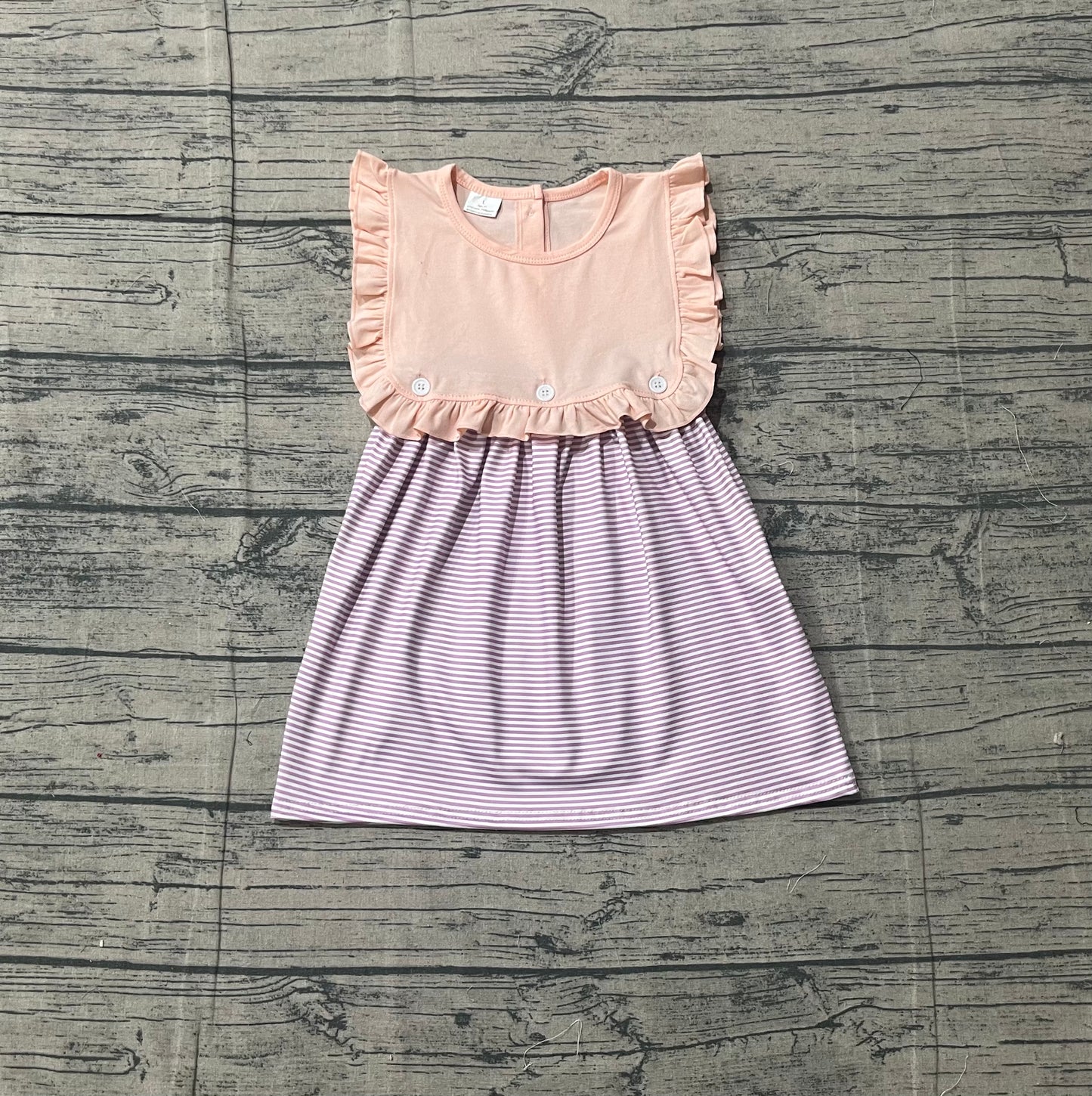 Baby Girls Peach Sleeveless Lavender Stripe Button Knee Length Dresses