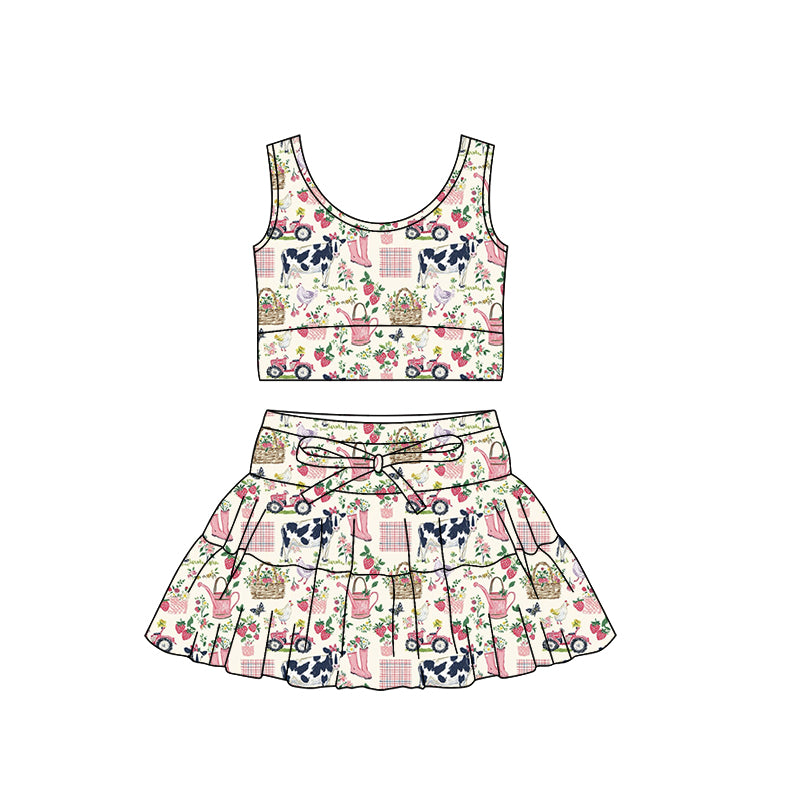 Baby Girls Flowers Cows Vest Skirt Short Farm Yoga Active Clothes Sets Preorder