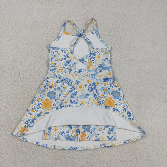 Baby Girls Strap Colorful Flowers Yoga Active Shorts Ruffle Knee Length Dress