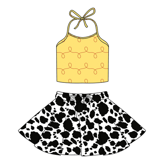 Baby Girls Strap Stripe Top Cow Print Skirt Shorts Clothes Set Preorder