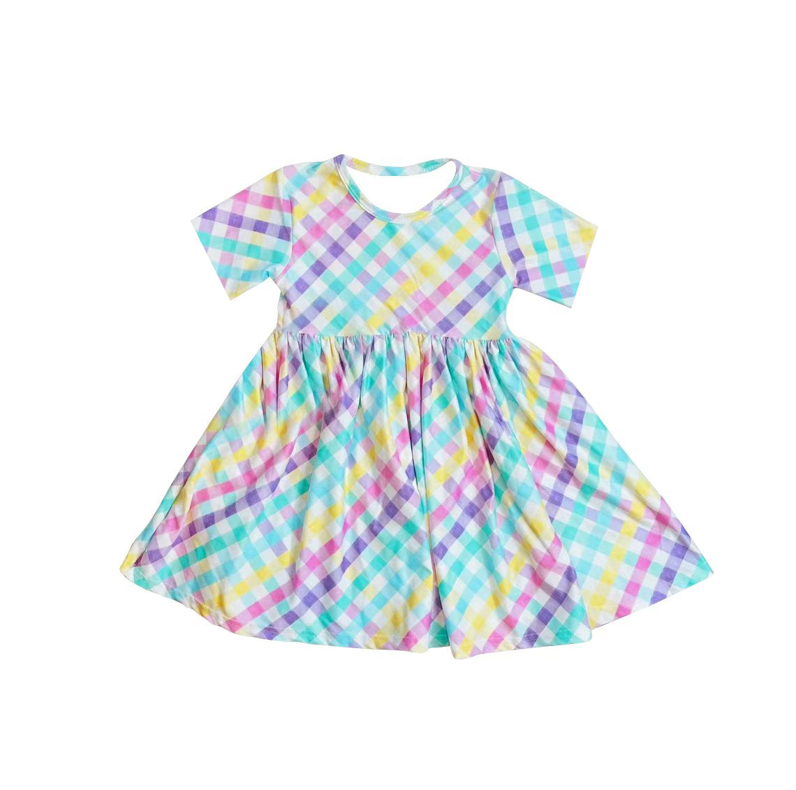 Baby Girls Short Sleeve Colorful Checked Knee Length Dresses Preorder
