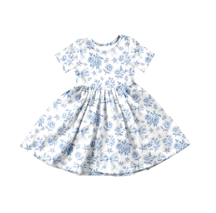 Baby Girls Blue Flowers Bows Knee Length Dresses Preorder