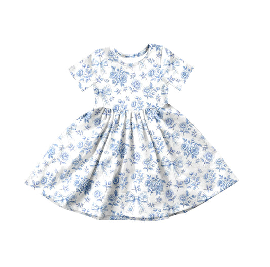 Baby Girls Blue Flowers Bows Knee Length Dresses Preorder
