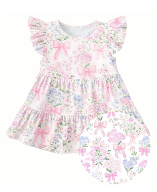 Baby Girls Flutter Sleeve Flowers Bows Patchwork Knee Length Dresses Preorder