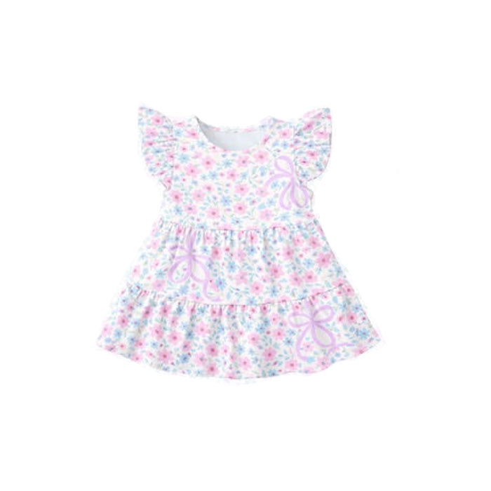 Baby Girls Flutter Sleeve Flowers Bows Patchwork Knee Length Dresses Preorder