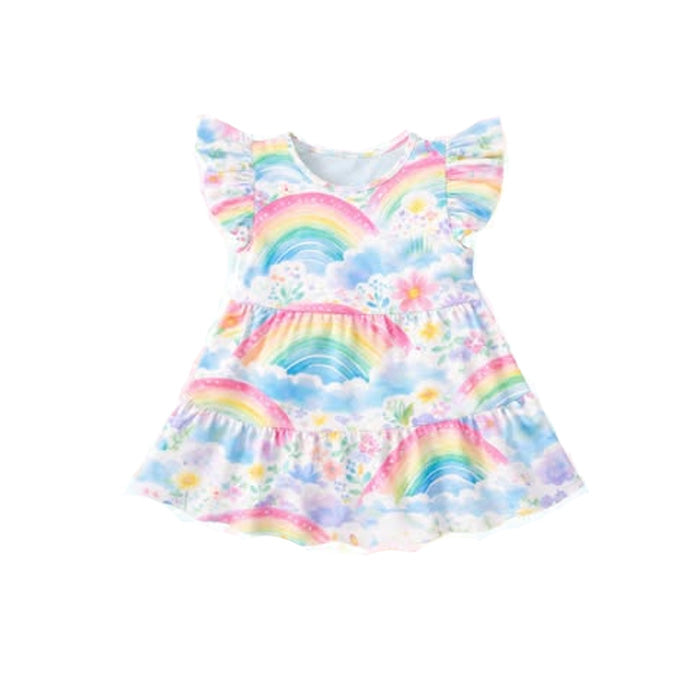 Baby Girls Flutter Sleeve Flowers Rainbows Patchwork Knee Length Dresses Preorder