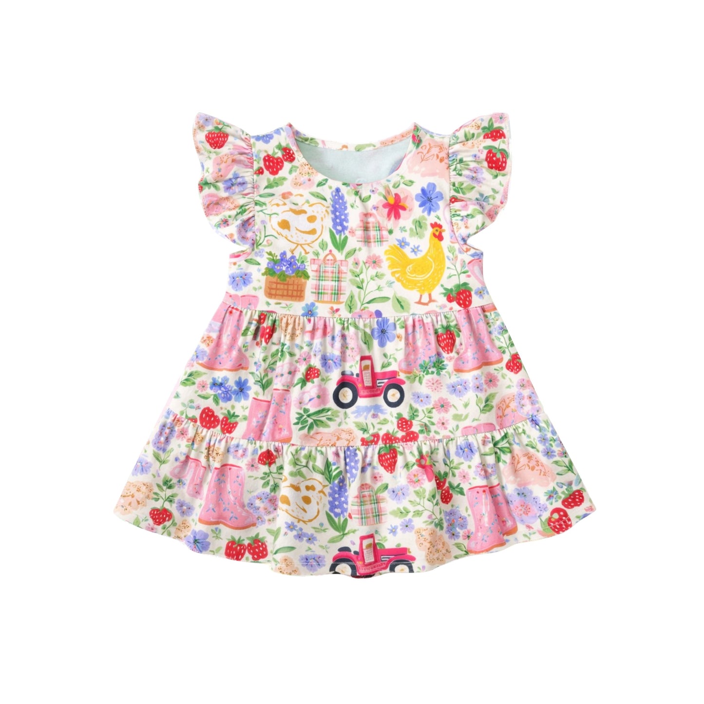 Baby Girls Flutter Sleeve Flowers Chicks Patchwork Knee Length Dresses Preorder