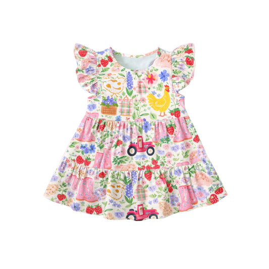 Baby Girls Flutter Sleeve Flowers Chicks Patchwork Knee Length Dresses Preorder