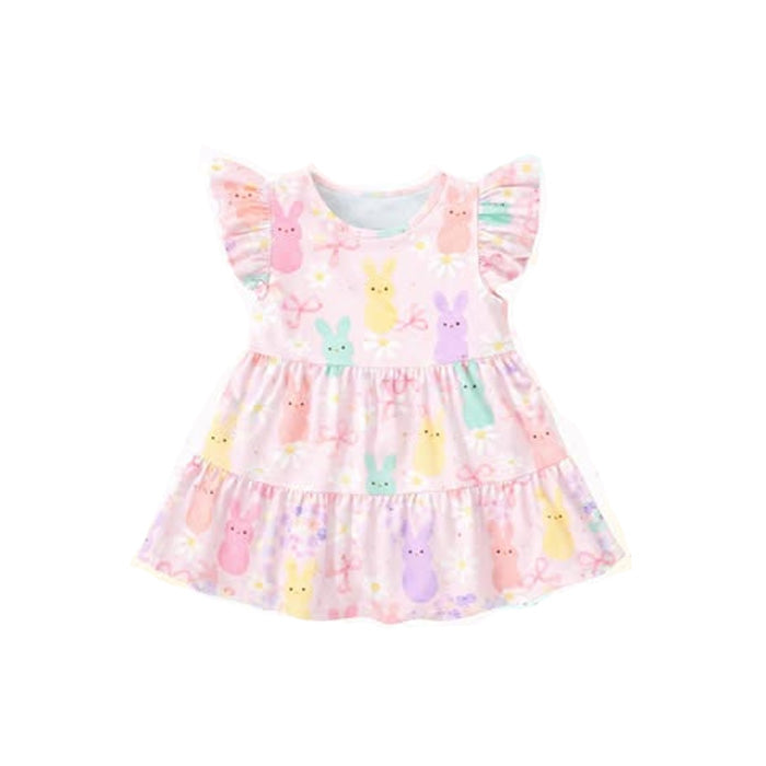 Baby Girls Colorful Rabbits Bows Easter Patchwork Knee Length Dresses Preorder