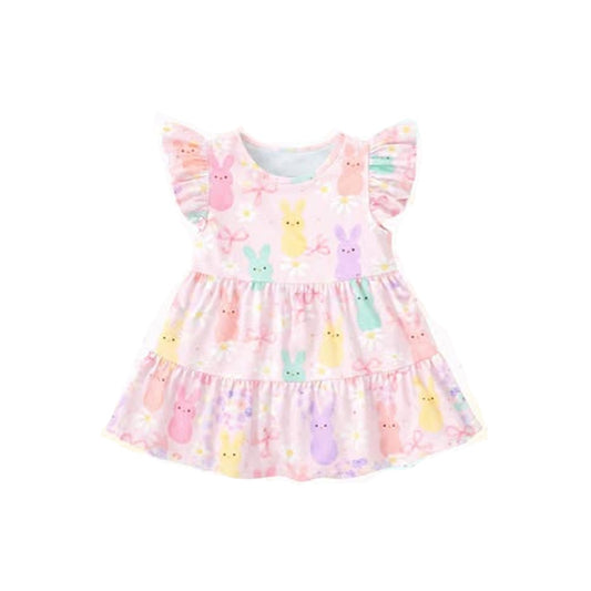 Baby Girls Colorful Rabbits Bows Easter Patchwork Knee Length Dresses Preorder