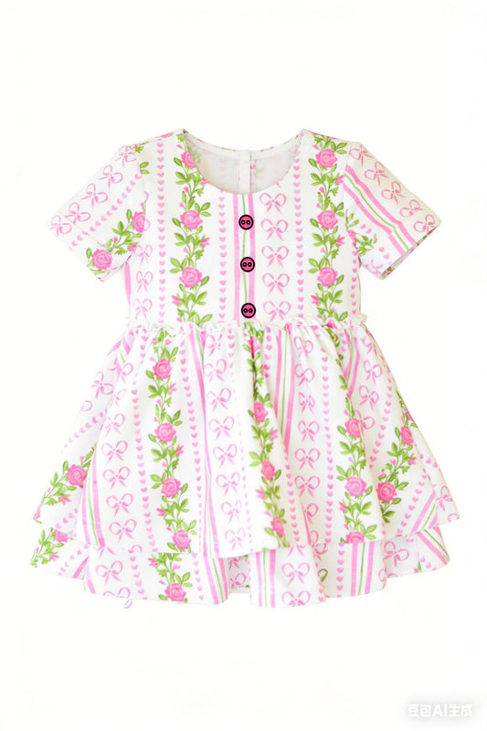 Baby Girls Button Flowers Bows Hearts Stripe Ruffle Knee Length Dresses Preorder