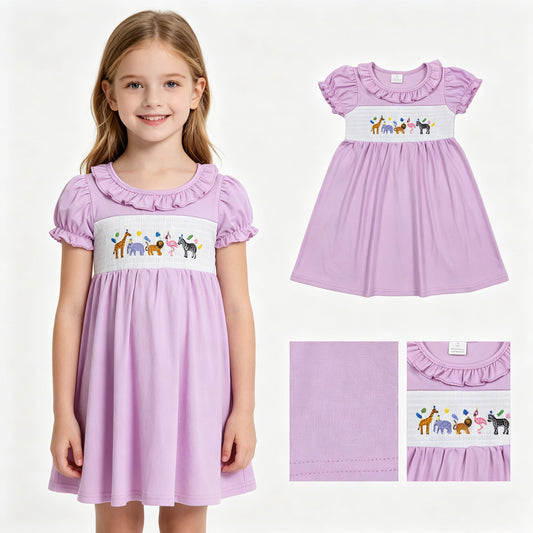 Smocked Animals Baby Girls Pink Short Ruffle Sleeve Knee Length Dresses