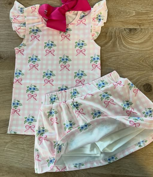 Baby Girls Pink Checked Flowers Bows Top Skirt Shorts Clothes Sets Preorder