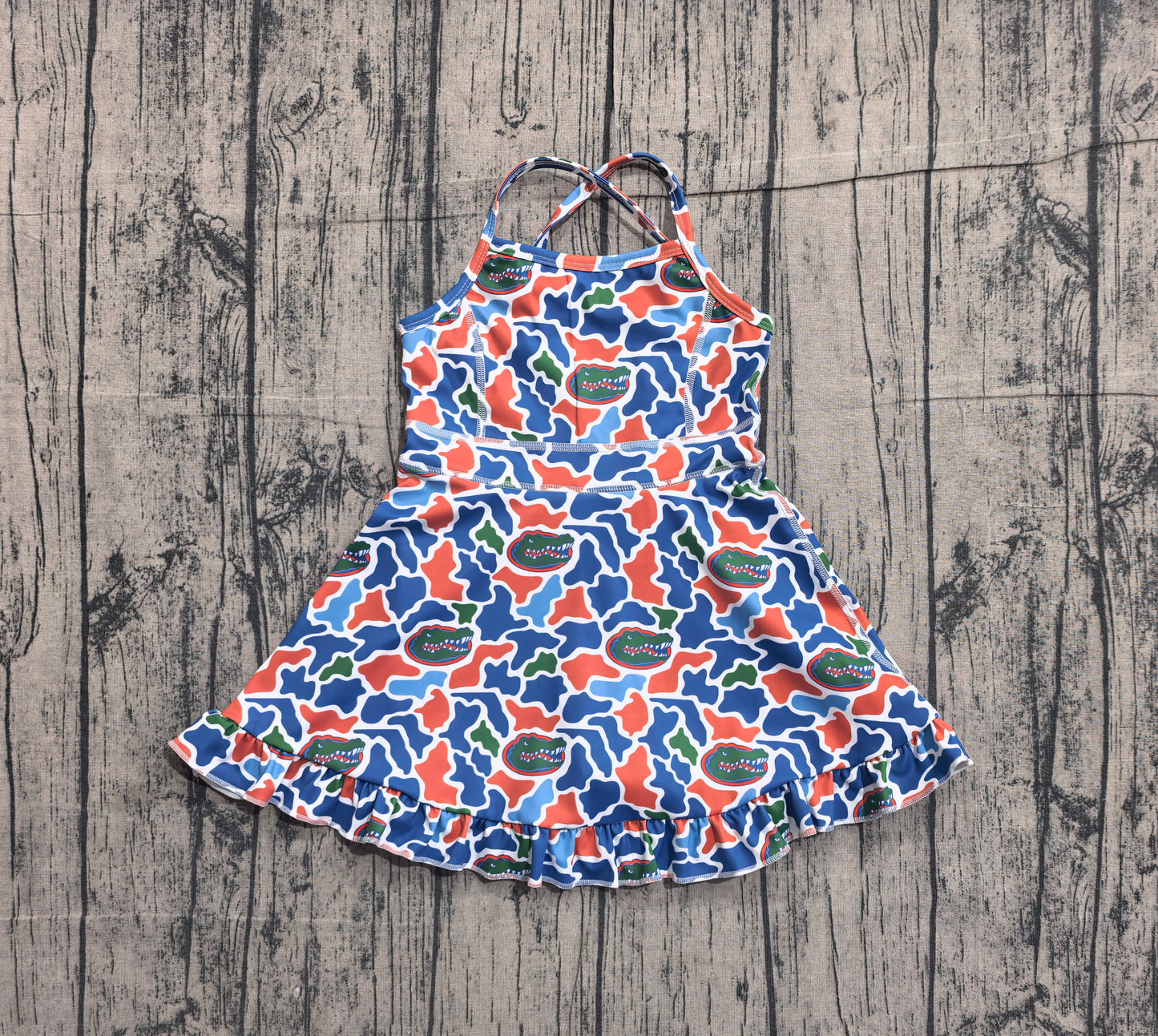 Baby Girls Strap Camo Crocodiles Team Yoga Active Shorts Ruffle Knee Length Dress Preorder