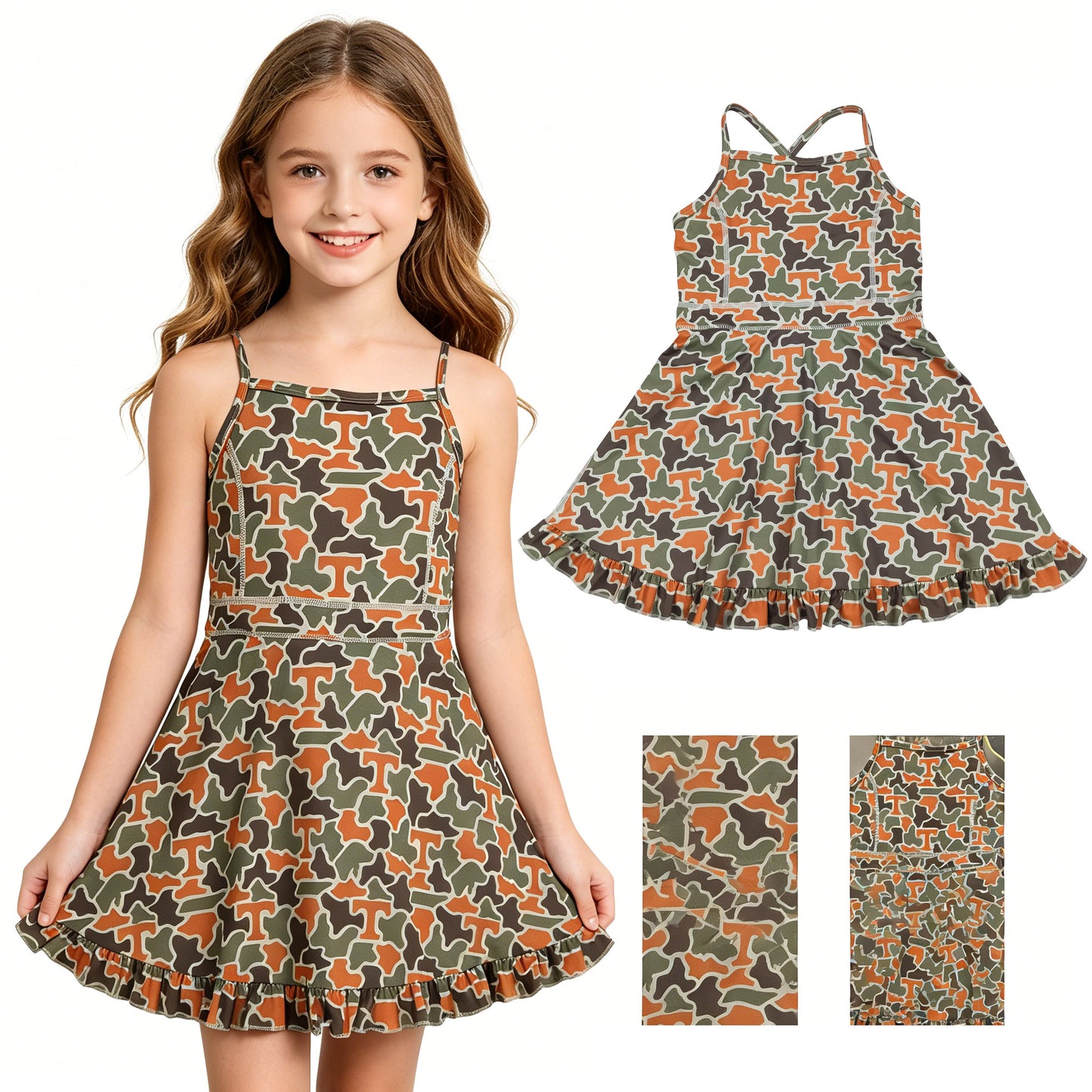 Baby Girls Strap Camo T Team Yoga Active Shorts Ruffle Knee Length Dress