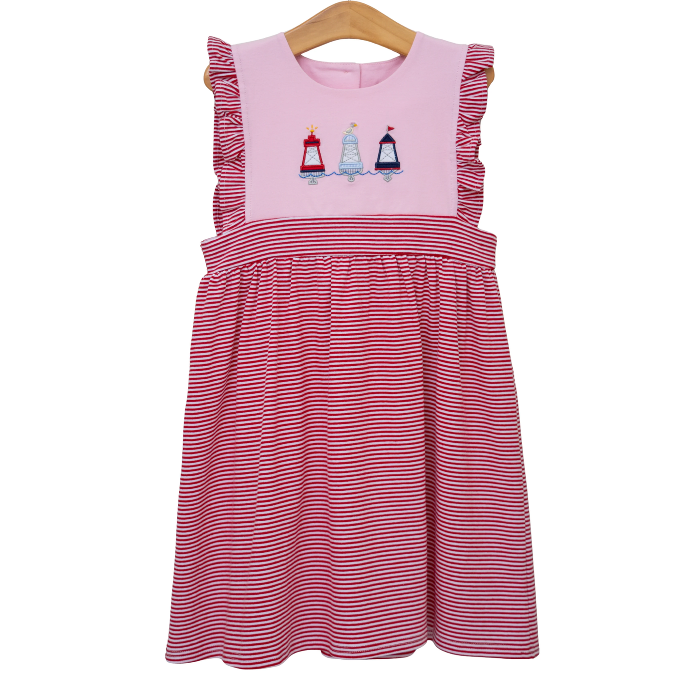 Baby Girls Sleeveless Red Stripe Towers Birds Knee Length Dresses Preorder
