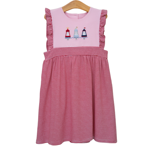 Baby Girls Sleeveless Red Stripe Towers Birds Knee Length Dresses Preorder