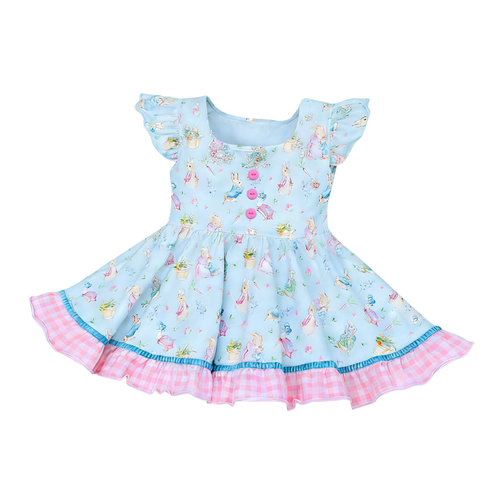 Baby Girls Flutter Sleeve Rabbits Flowers Easter Ruffle Knee Length Dresses Preorder
