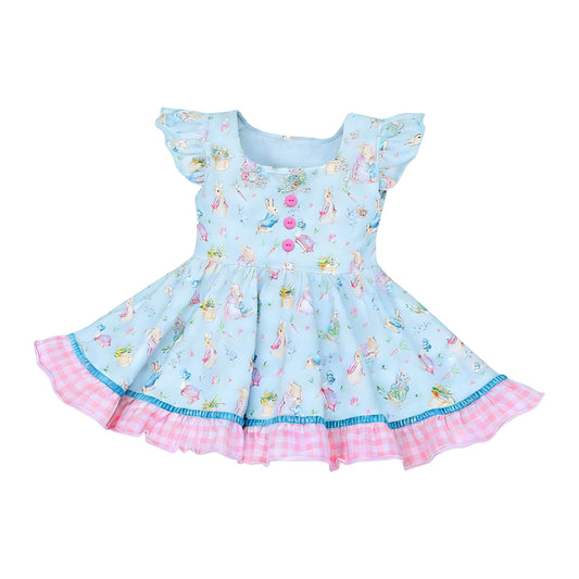 Baby Girls Flutter Sleeve Rabbits Flowers Easter Ruffle Knee Length Dresses Preorder
