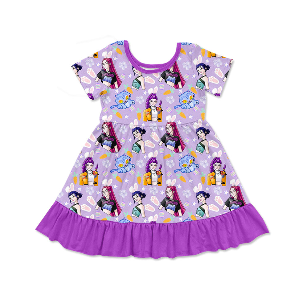 Baby Girls Short Sleeve Bunny Demon Hunter Ruffle Knee Length Dresses Preorder