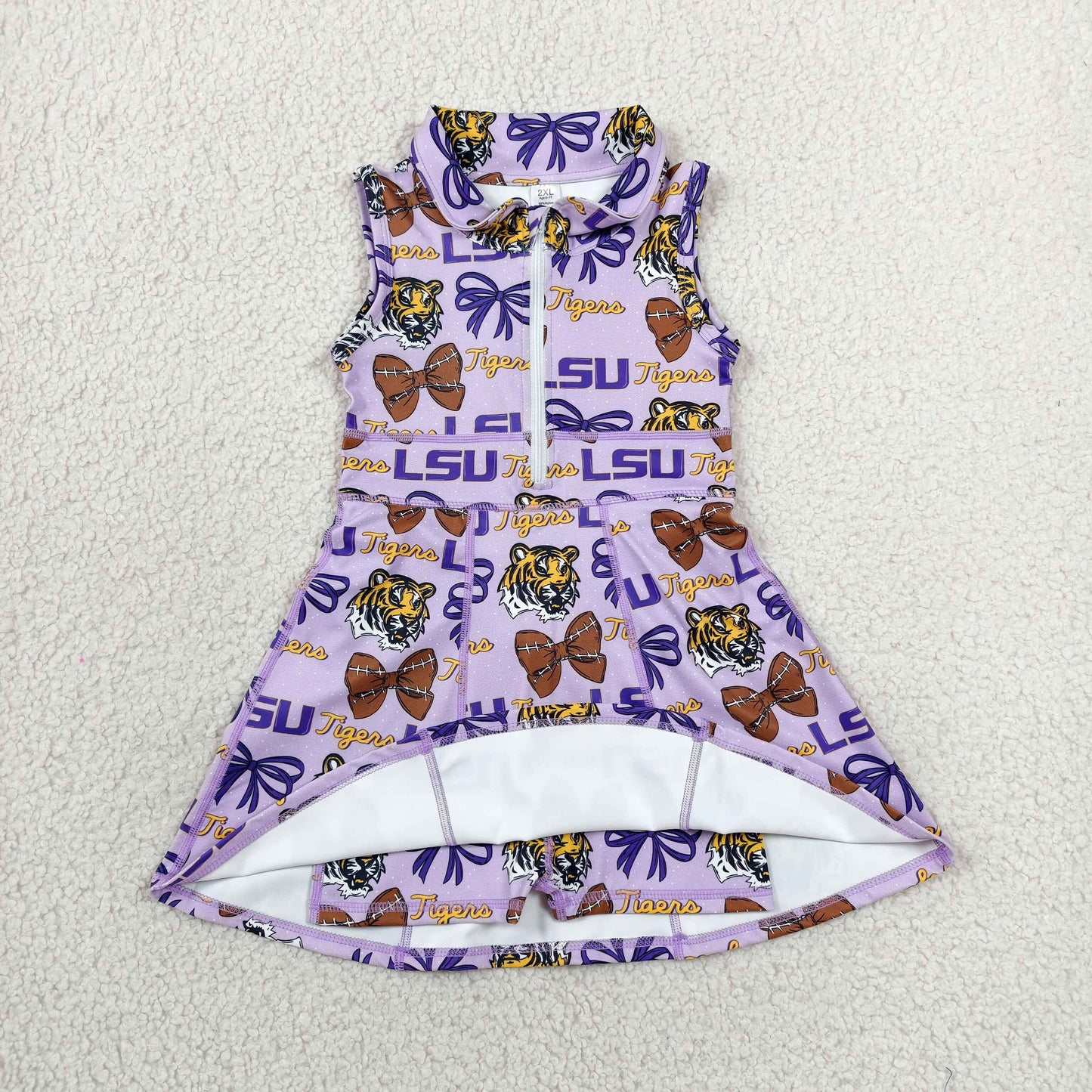Sibling Baby Girls Sleeveless Zip LSU Leaves Yoga Active Short Knee Length Dresses
