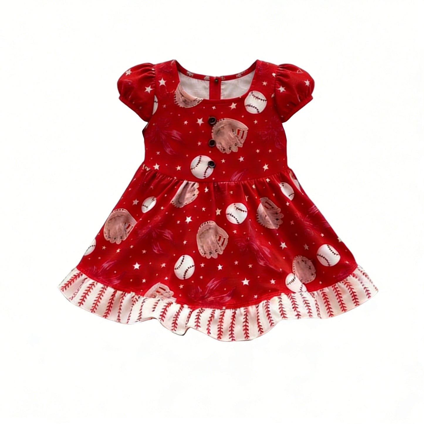 Baby Girls Red Short Sleeve Baseballs Button Ruffle Team Knee Length Dresses Preorder