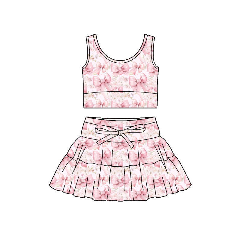 Baby Girls Pink Flowers Bows Vest Top Skirt Short Yoga Active Clothes Sets Preorder