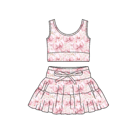 Baby Girls Pink Flowers Bows Vest Top Skirt Short Yoga Active Clothes Sets Preorder