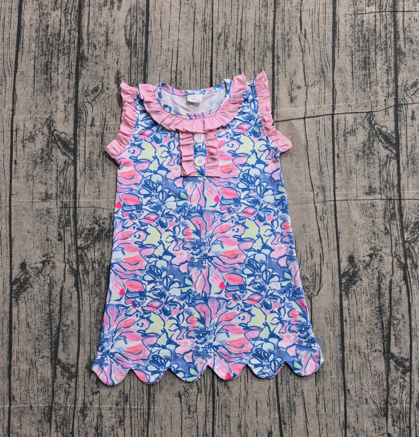 Baby Girls Sleeveless Colorful Flowers Button Scallop Knee Length Dresses