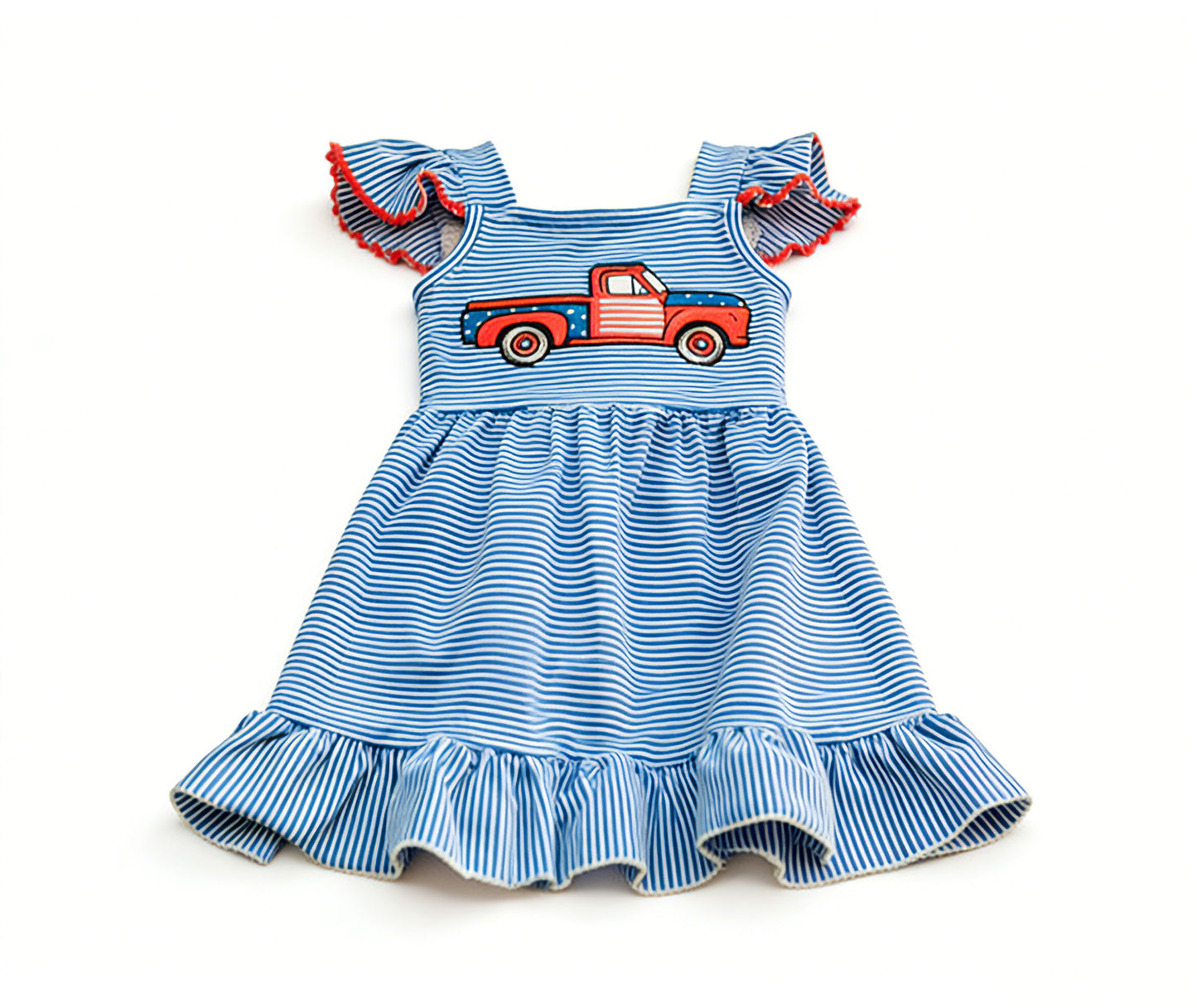Baby Boys Blue Stripe Stars Car 4th of July Ruffle Knee Length Dresses Preorder