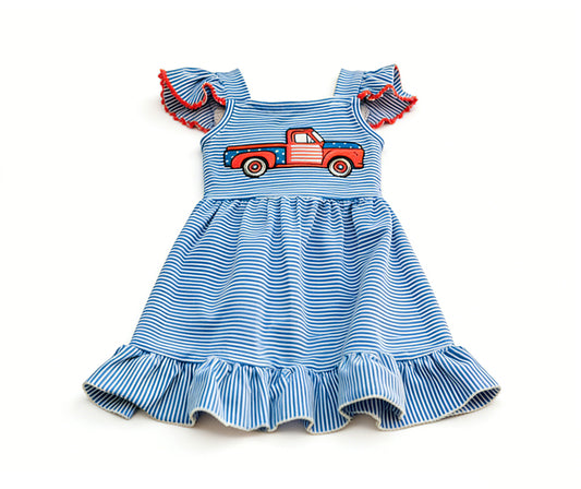 Baby Boys Blue Stripe Stars Car 4th of July Ruffle Knee Length Dresses Preorder
