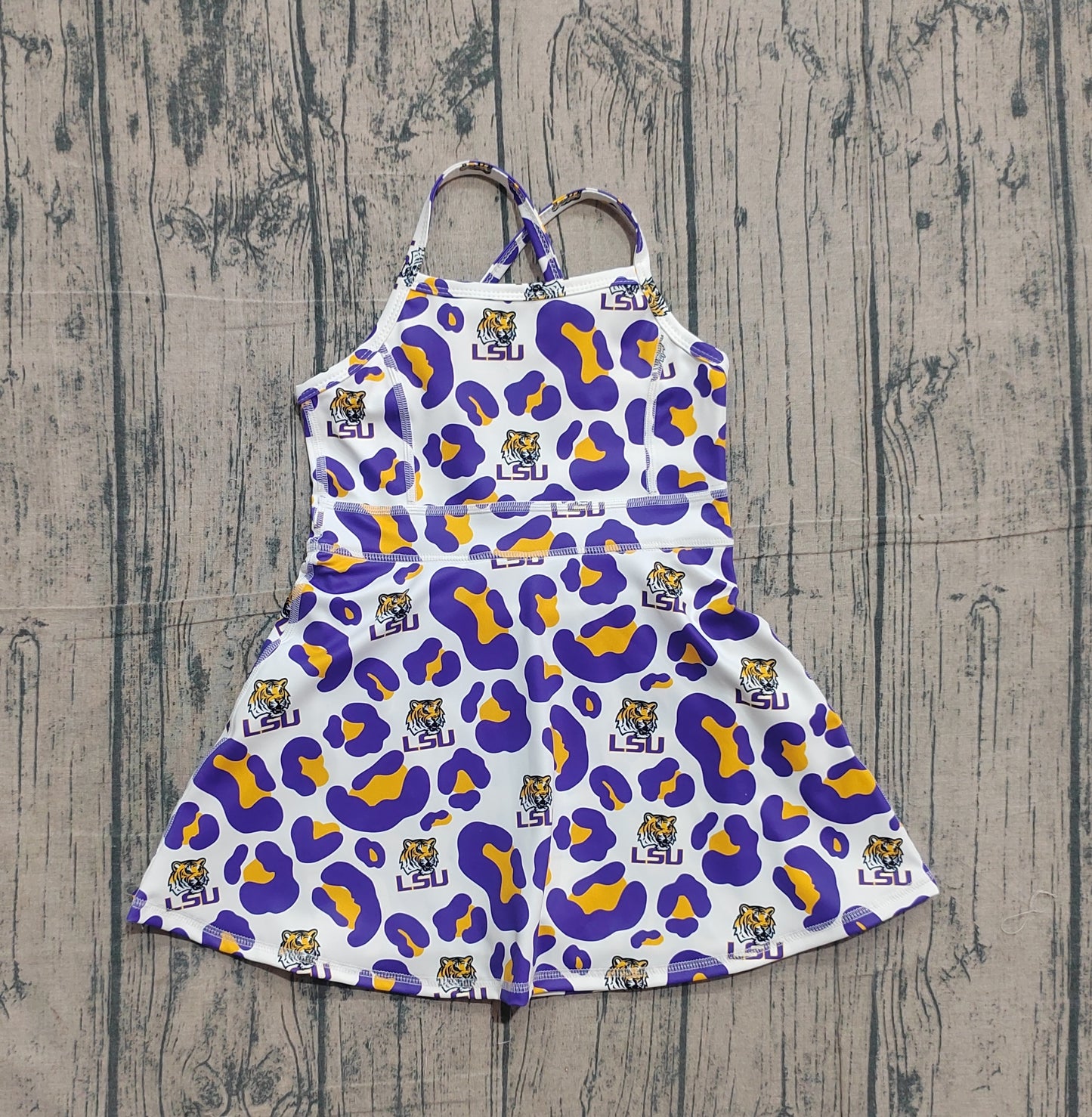 Baby Girls Strap Purple Leopard LSU Tigers Team Yoga Active Shorts Knee Length Dresses
