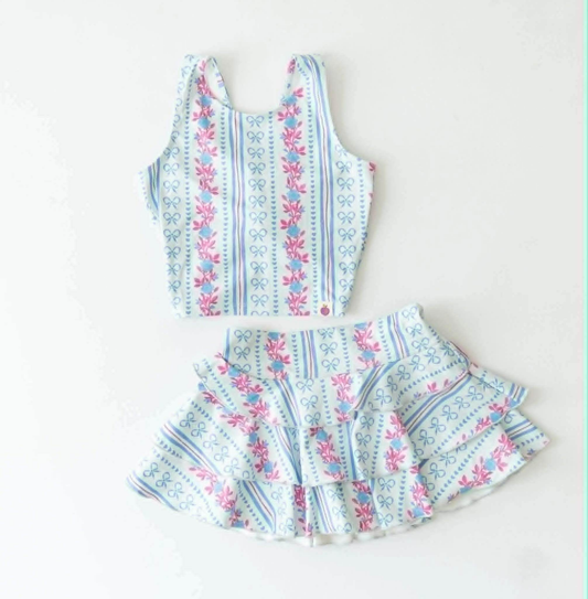 Baby Girls Bow Flowers Stripe Vest Top Ruffle Skirt Short Yoga Active Clothes Sets Preorder