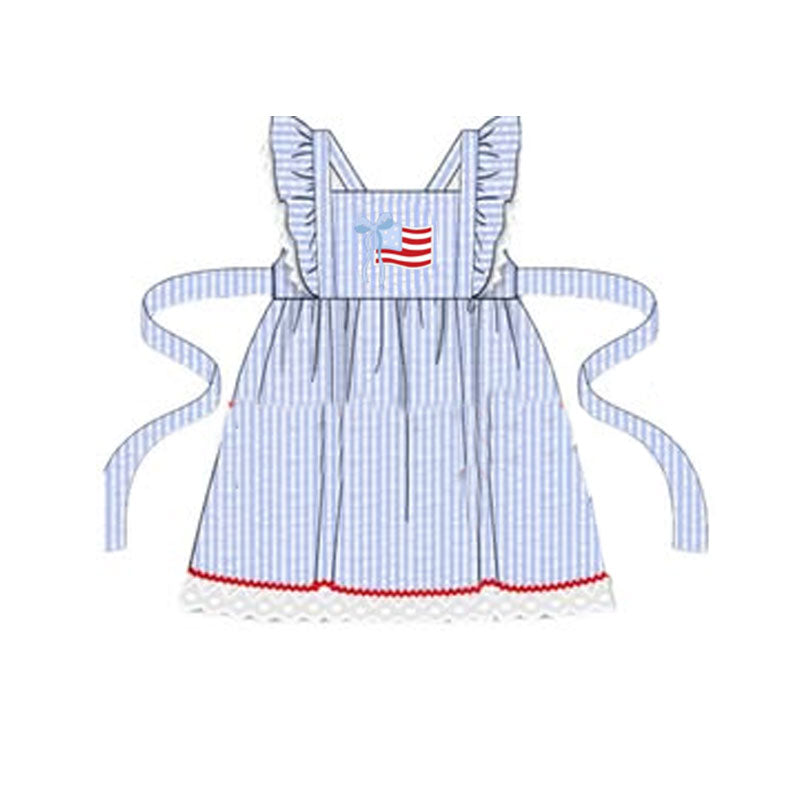 Baby Girls Blue Stripe Bow Flags 4th of July Knee Length Dresses Preorder