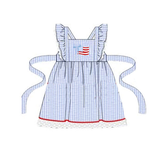 Baby Girls Blue Stripe Bow Flags 4th of July Knee Length Dresses Preorder