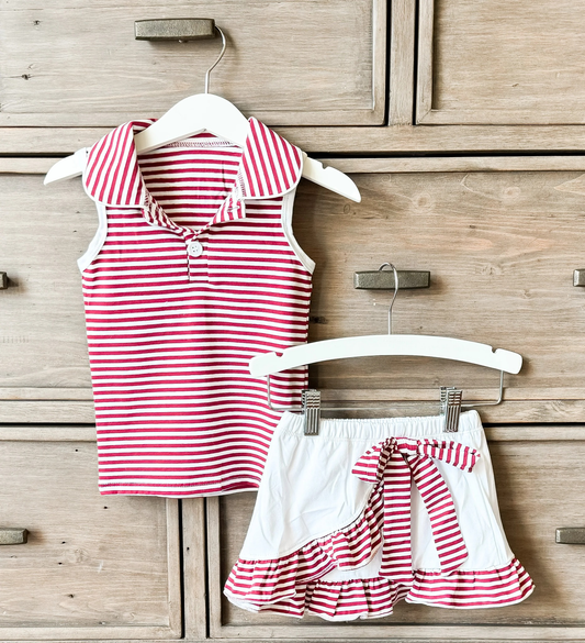 Baby Girls Red Stripe Button Collar Top Ruffle Skirt Shorts Yoga Active Clothes Sets Preorder