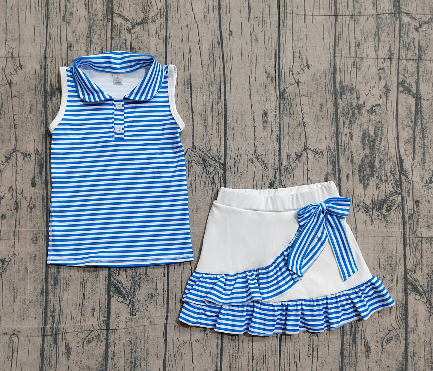 Baby Girls Blue Stripe Button Top Ruffle Skirt Shorts Yoga Active Clothes Sets