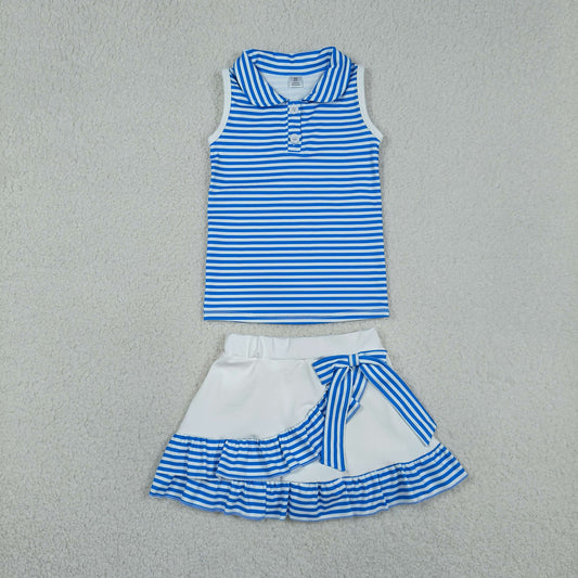 Baby Girls Blue Stripe Button Top Ruffle Skirt Shorts Yoga Active Clothes Sets