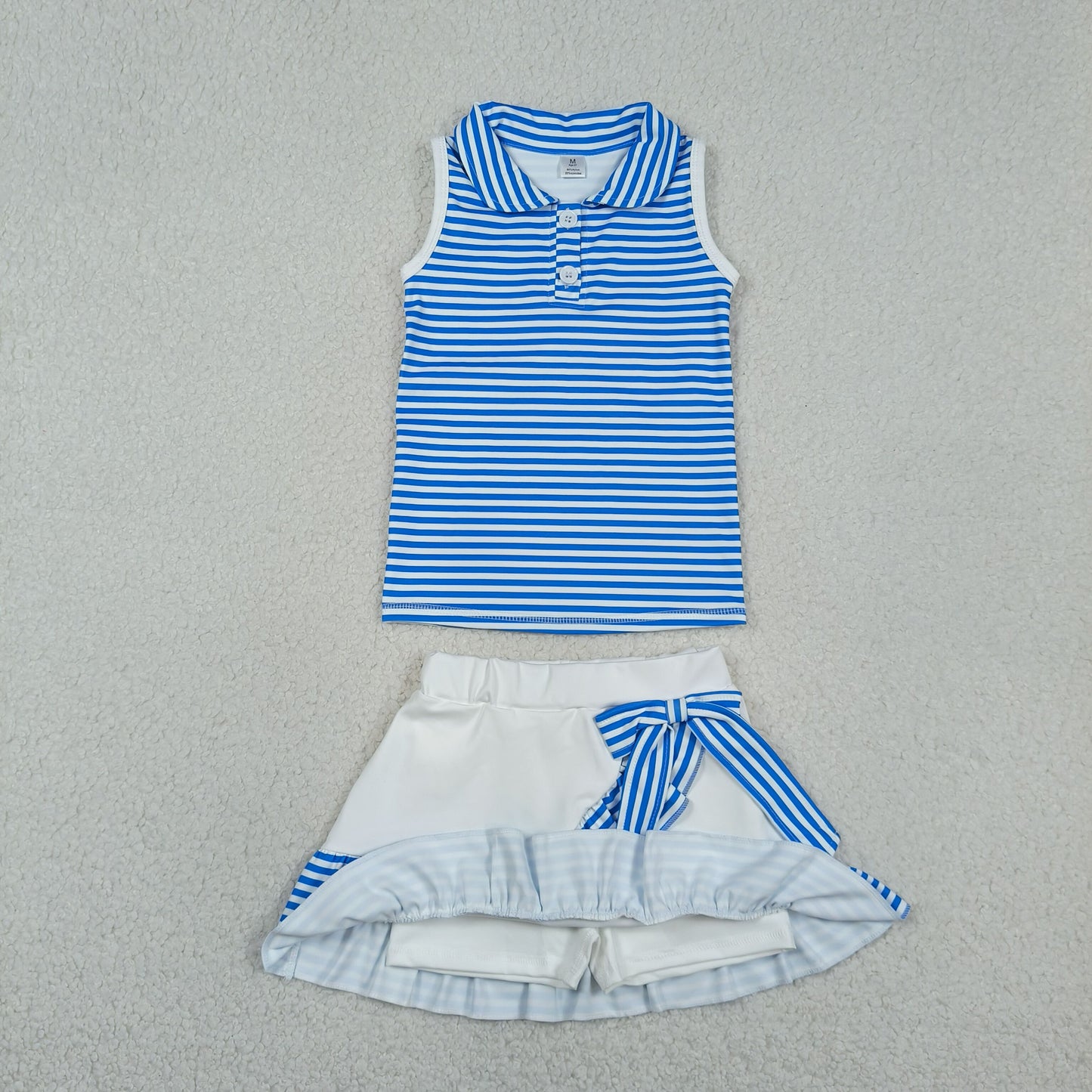 Baby Girls Blue Stripe Button Top Ruffle Skirt Shorts Yoga Active Clothes Sets