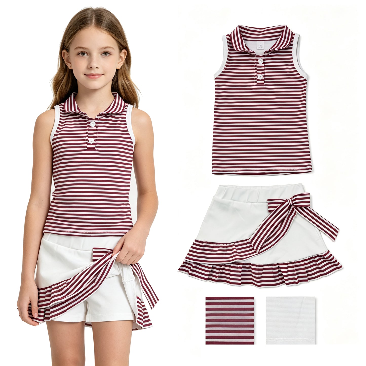 Baby Girls Maroon Stripe Button Top Ruffle Skirt Shorts Yoga Active Clothes Sets