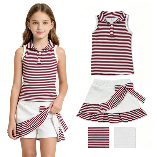 Baby Girls Maroon Stripe Button Top Ruffle Skirt Shorts Yoga Active Clothes Sets